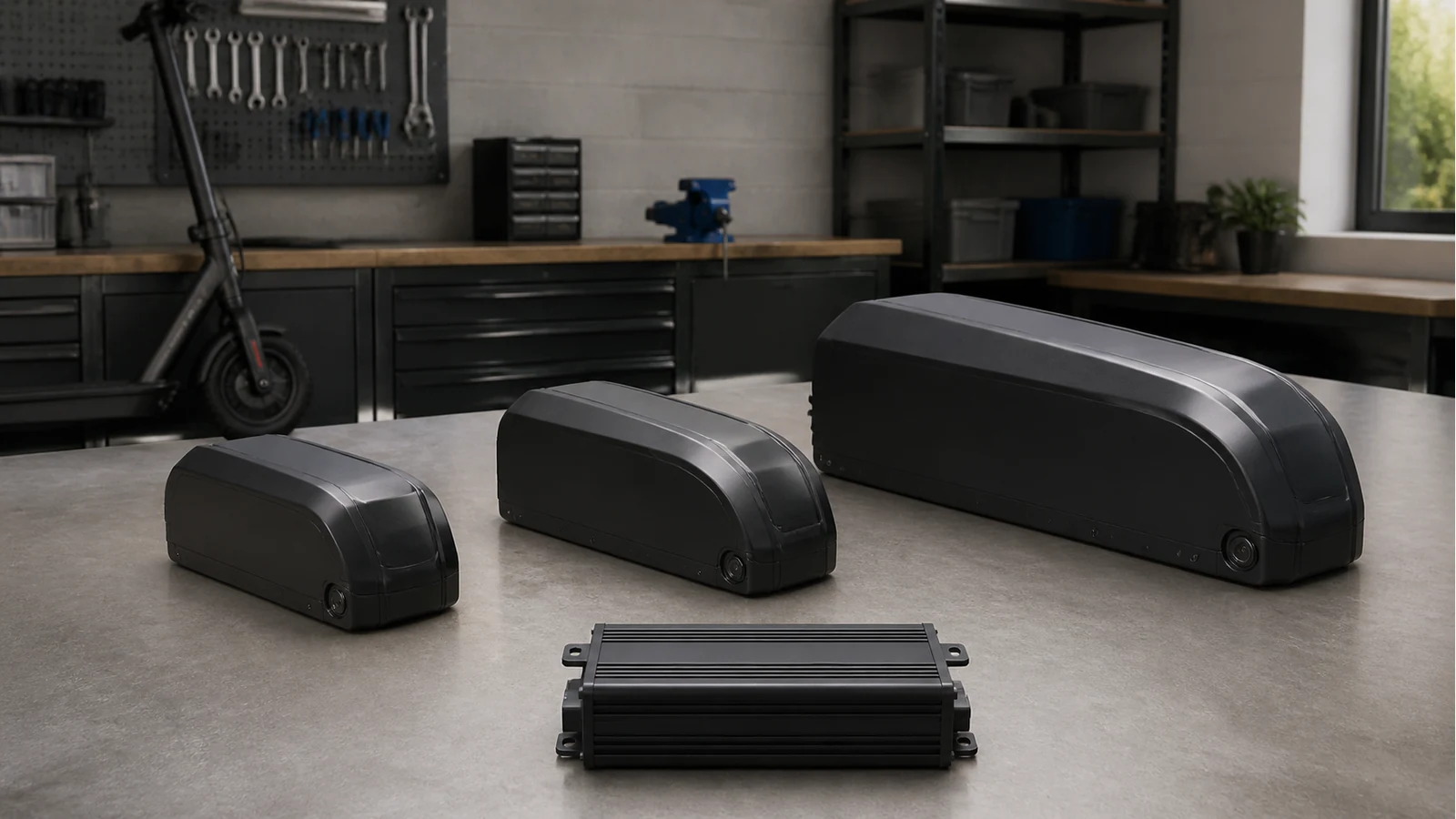 Three generic battery silhouettes labelled 36V, 48V and 52V with a match-controller reminder