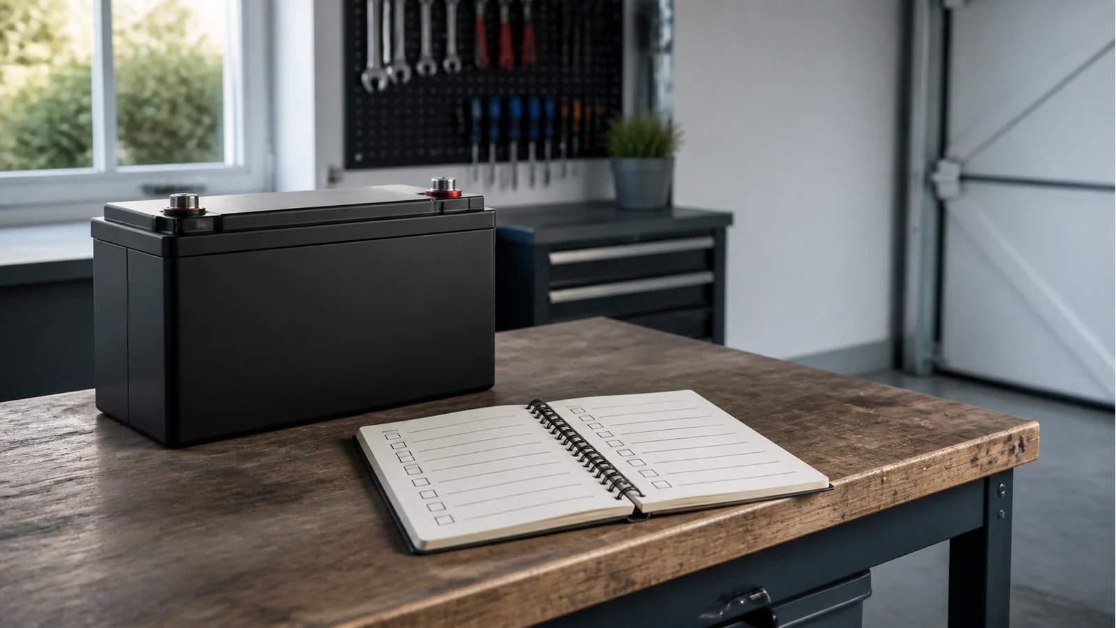 Checklist notebook beside a generic 48V-class lithium pack on a UK garage workbench