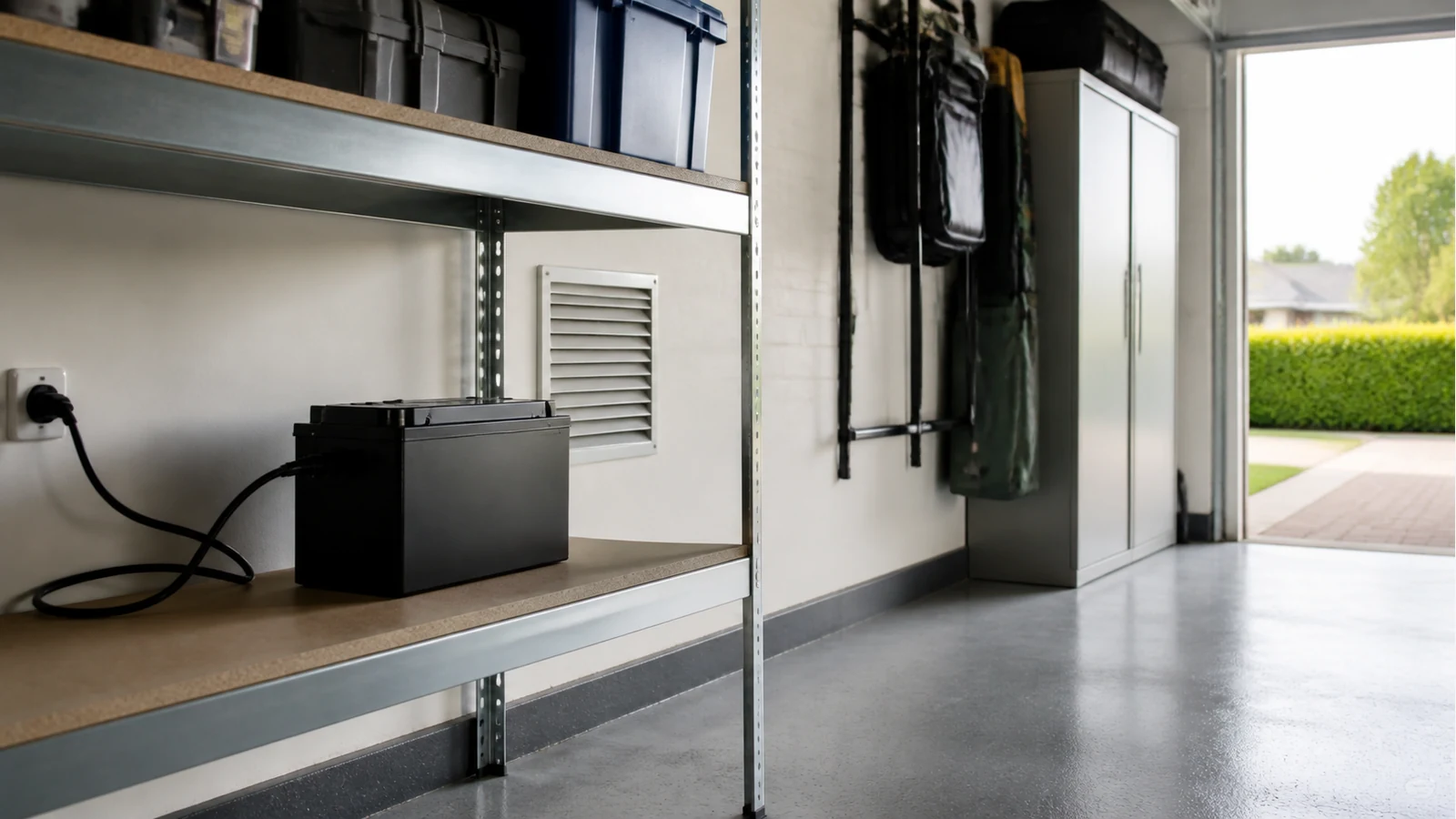 Organised UK garage charging shelf with clear escape path and a lithium pack on charge