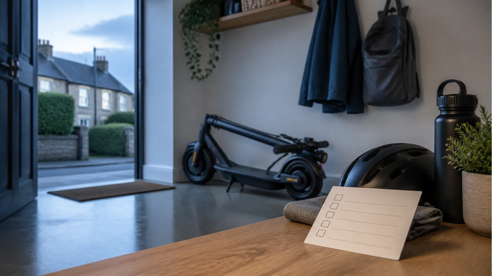 Commuter e-scooter silhouette with a watt-hour range checklist card