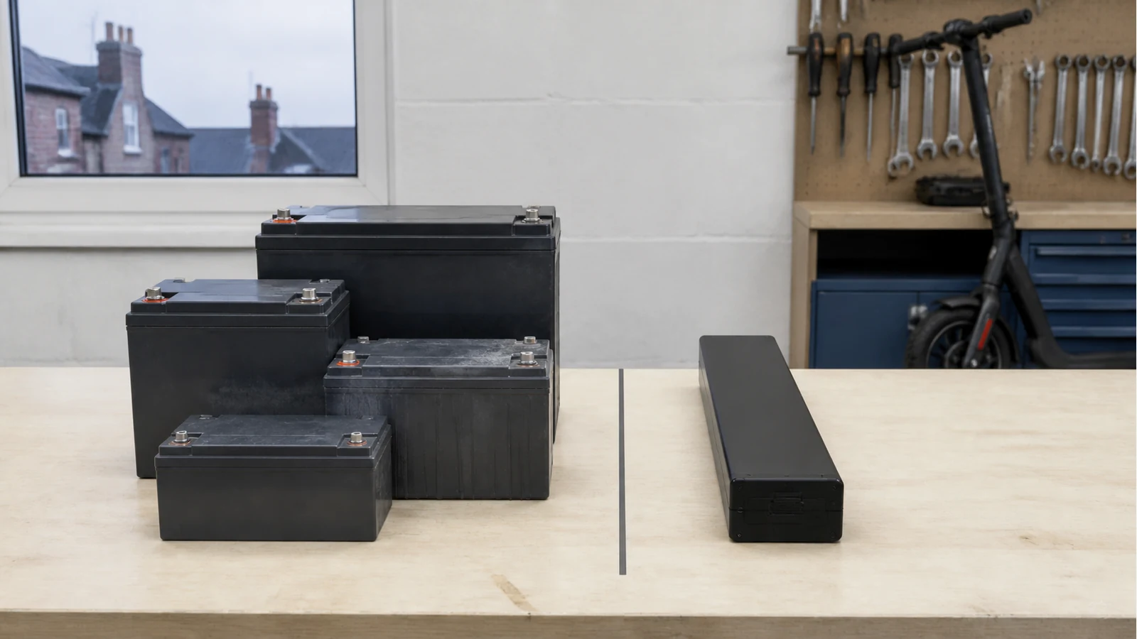 Visual comparison of bulky lead-acid blocks versus a slim lithium pack on a workbench