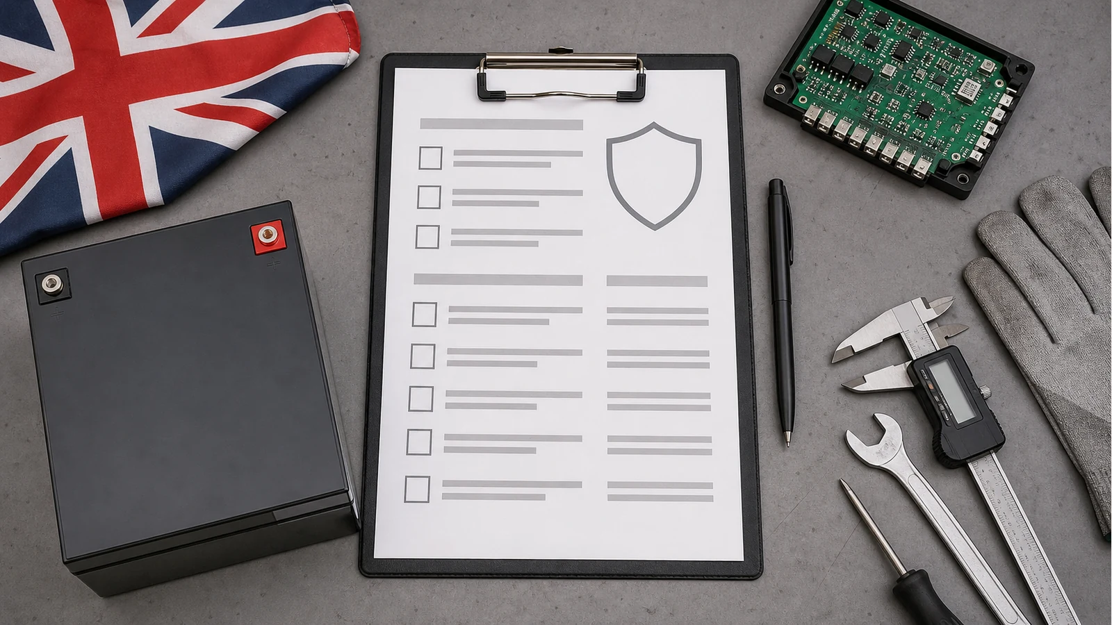 Buyer checklist clipboard for BMS and UN38.3 document checks beside a plain battery outline